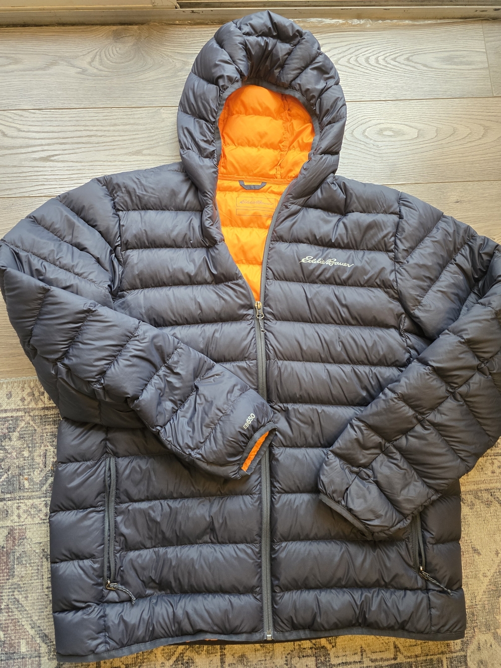 Eddie Bauer Gray Puffer Jacket with Orange Hood Lining